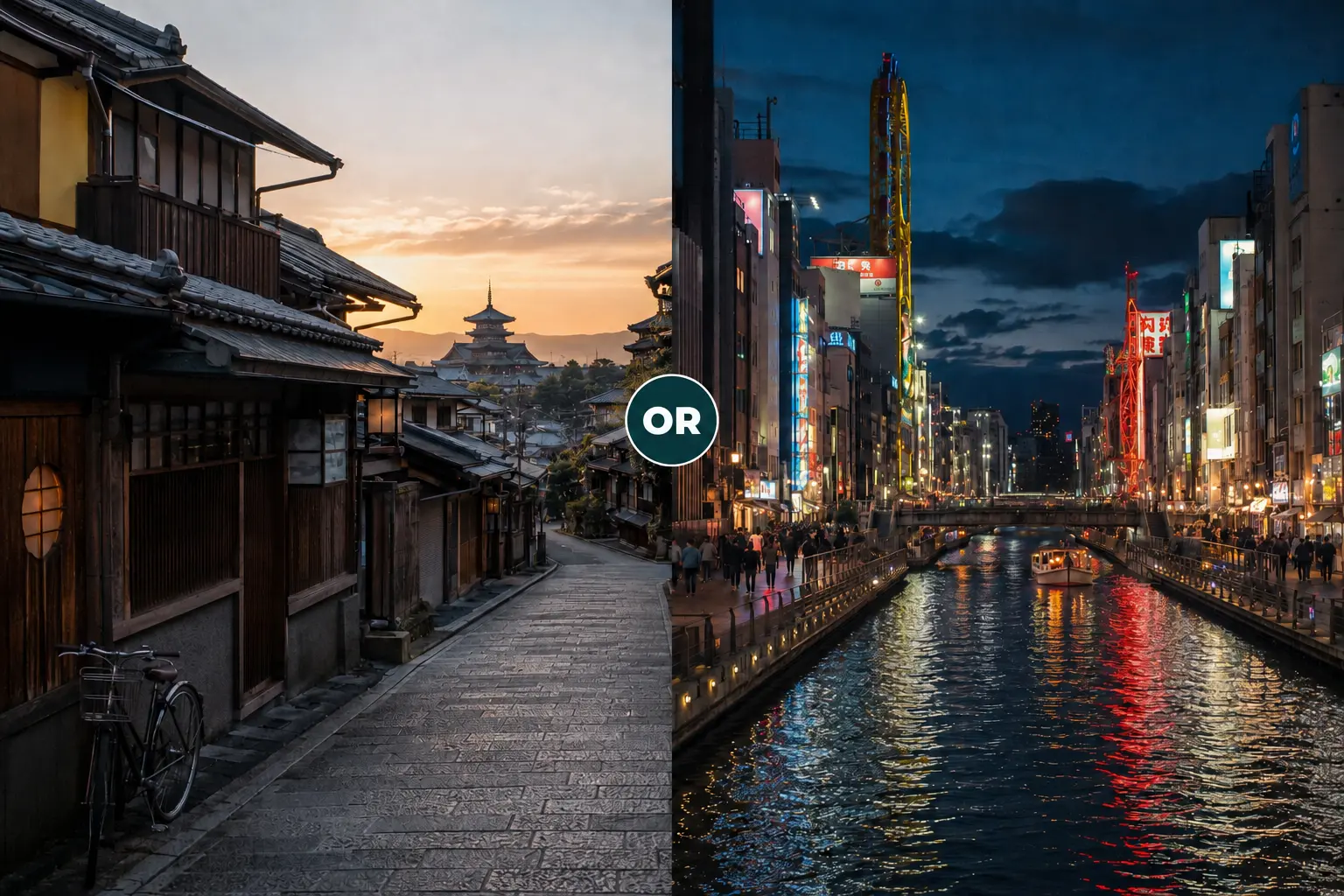 Two contrasting images of Kyoto: one depicting the city illuminated at night, the other showing its tranquil morning scenery.